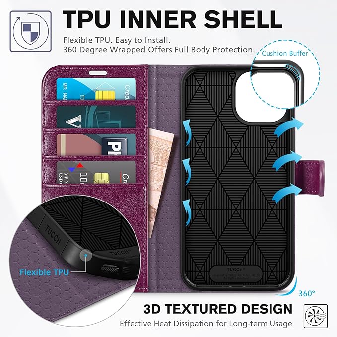 TUCCH Case Wallet for iPhone 15 6.1-inch 5G, [TPU Shockproof Inner Shell] PU Leather [RFID Blocking] 4 Credit Card Holder Magnetic Kickstand Flip Cover Compatible with iPhone 15 6.1" 2023, Plum Purple