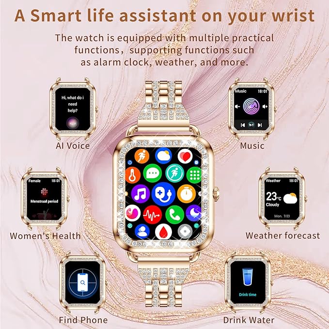 GADIXY Smart Watches for Women Diamonds(Answer/Make Call),1.29''HD Touch Screen Women Smart Watch Android,Fitness Tracker with HR/SPO2/Sleep Monitor,3 Strap (Diamond Rosegold)