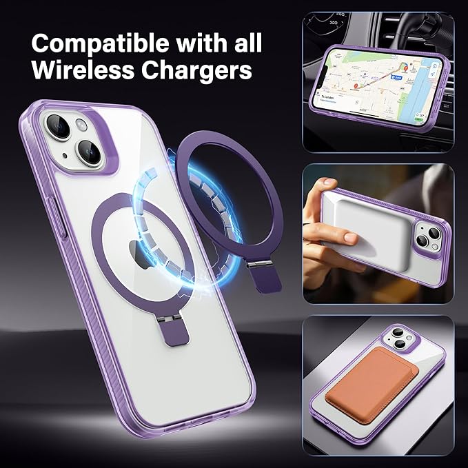 Magnetic Case for iPhone 14 Plus - [Built-in Invisible Stand] [Compatible with MagSafe] [Military Grade Drop Protection] Anti-Yellowing Hard Back Silicone Edge Cover, 6.7", Clear Purple