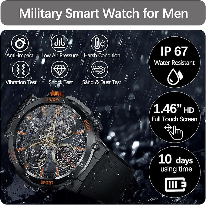 Military Smart Watch for Men Answer/Make Call, Outdoor Waterproof Tactical Sports Smartwatch with LED Flashlight Compass, Heart Rate Sleep Monitor Fitness Tracker Watches for iPhone Android Phone