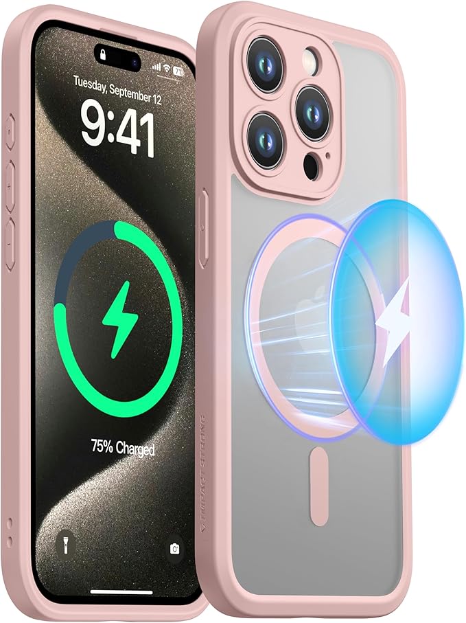ImpactStrong Magnetic Guard Designed for iPhone 15 Pro Max Case [Camera Protection] [Military Grade Drop Tested] [Compatible with MagSafe] Slim Translucent Matte Phone Case (6.7") - Pink