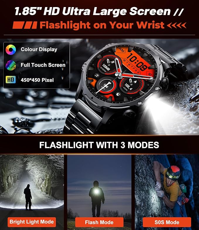 Military Smart Watch for Men, 1.85'' HD Large Screen Smartwatch, Flashlight/IP68 Waterproof/800mAh/Pedometer/100+ Sports Fitness Tracker, Mens Smart Watches for Android iPhone Compatible