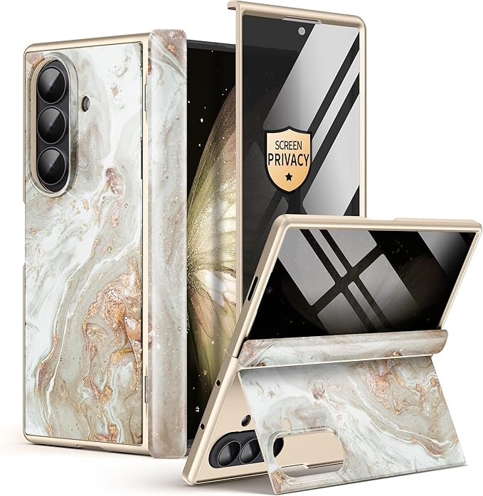 GVIEWIN for Samsung Galaxy Z Fold 7 Case with Privacy Screen Protector [Compatible with Magsafe][Built-in Kickstand] Magnetic Full-Body Hinge Protection Slim Phone Case for Z Fold 7, Pearlescent/Gold
