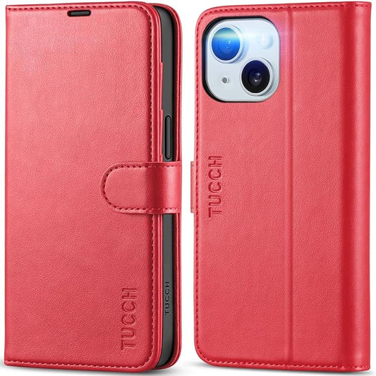 TUCCH Wallet Case for iPhone 15 6.1", [RFID Blocking] [4 Card Slots] TPU Interior Protective Case, Magnetic Closure Folio Shockproof PU Leather Stand Flip Cover Compatible with iPhone 15 5G 2023, Red