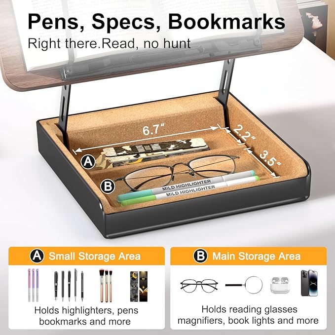 Book Stand with Storage, Book Holder for Reading Hands Free, Wooden Cookbook Stand for Kitchen Counter, Adjustable Reading Stand for Desk, Recipe Stand, Book Prop for Book Lovers