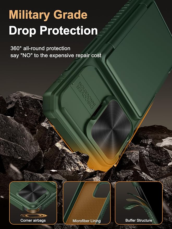 Vihibii for iPhone 16 Pro Case with Card Holder (4 Cards) [RFID Blocking] & Slide Camera Cover, Military Grade Drop Protection, Rugged Hard Back & Silicone Edge Wallet Phone Cover, 6.3" 2024, Green