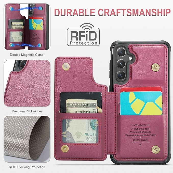 Vinich for Samsung Galaxy S25 Wallet Case with Card Holder, RFID Blocking Credit Slots Kickstand Shockproof Phone Cover for Women Men, Wine Red