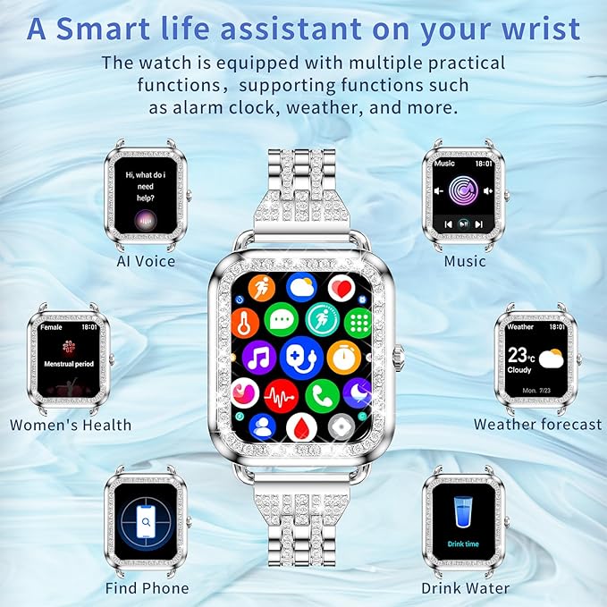 Smart Watch for Women Diamonds(Answer/Make Call),1.29''HD Touch Screen Smart Watch Android,Fitness Tracker with Heart Rate/Blood Oxygen/Sleep Monitor,Waterproof Smartwatch 3 Strap (Diamond Silver)