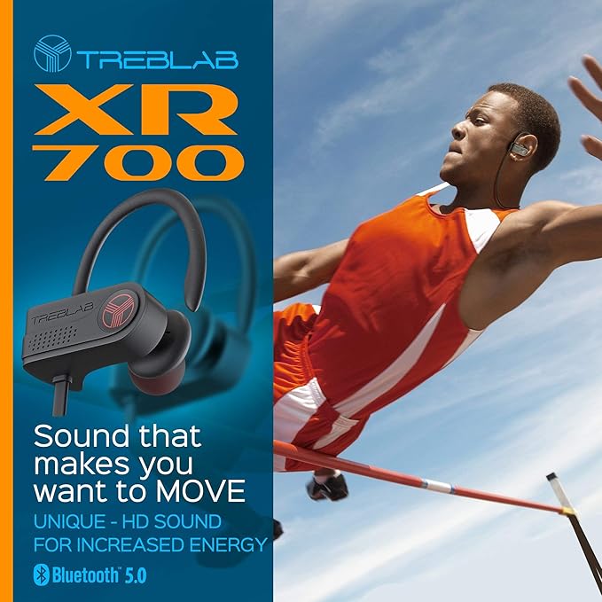 TREBLAB XR700 Wireless Earbuds - Bluetooth 5.0, IPX7 Waterproof, Noise Cancelling, Adjustable Earhooks, 9H Battery, Deep Bass, Mic - Sports Running Headphones for Workouts, Gym, Travel