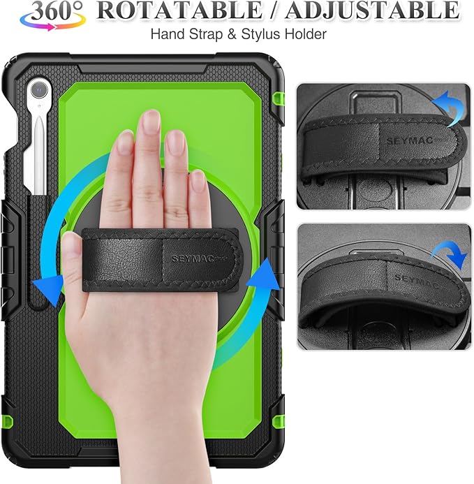 SEYMAC stock Case for Samsung Galaxy Tab S10 FE+ Plus 5G Tablet Case 13.1'' Protective with Screen Protector, Pencil Holder, 360 Rotating Stand, Hand Strap, Shoulder Strap, Green1