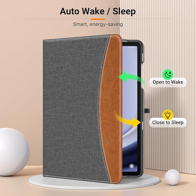 MoKo Case for Samsung Galaxy Tab A9 Plus 11" 2023 (SM-X210/SM-X216/SM-X218), PU Leather Multi-Angle Viewing Folding Stand Cover Case with Hand Strap, Front Pocket, Auto Wake/Sleep, Denim Grey & Brown