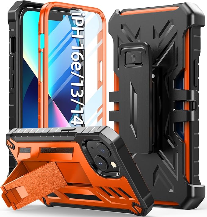 for iPhone 13/14 Protective Case: for iPhone 16e Cover with Belt Clip Holster | Durable Dual-Layer Design with Built-in Kickstand | Heavy Duty Military Grade Hard Protection Shock Proof Orange