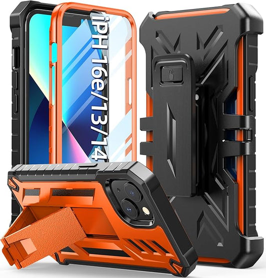 for iPhone 13/14 Protective Case: for iPhone 16e Cover with Belt Clip Holster | Durable Dual-Layer Design with Built-in Kickstand | Heavy Duty Military Grade Hard Protection Shock Proof Orange
