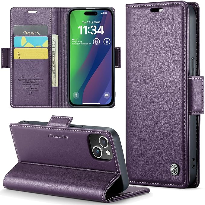 for iPhone 15 Case, Premium PU Leather Wallet Case Flip Cover with [RFID Blocking][Card Holder][Stand Function] Shockproof Protective for iPhone 15 Case, Purple