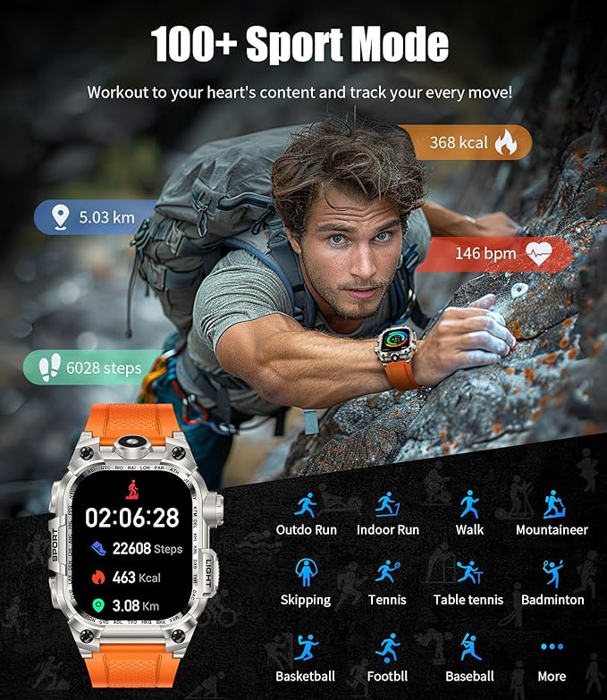 Military Smart Watches for Men(Answer/Make Calls),2.01"HD Screen Sports Smartwatch with LED Flashlight,700mAh Battery,Heart Rate/Sleep Monitor Fitness Tracker for Android iOS,100+Sport Modes,Sliver