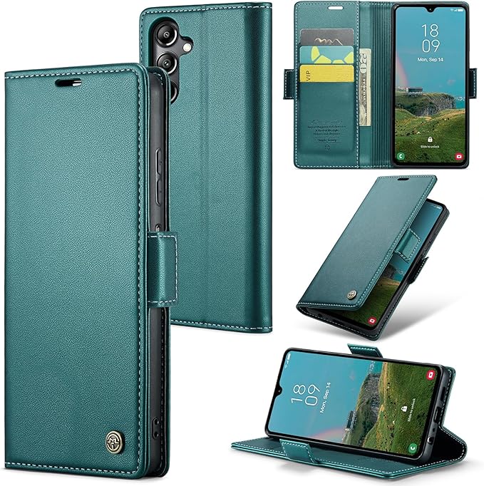for Samsung Galaxy A05s Case, Premium PU Leather Wallet Case Flip Cover with [RFID Blocking][Card Holder][Stand Function] Shockproof Protective for Samsung Galaxy A05s, Blue-Green