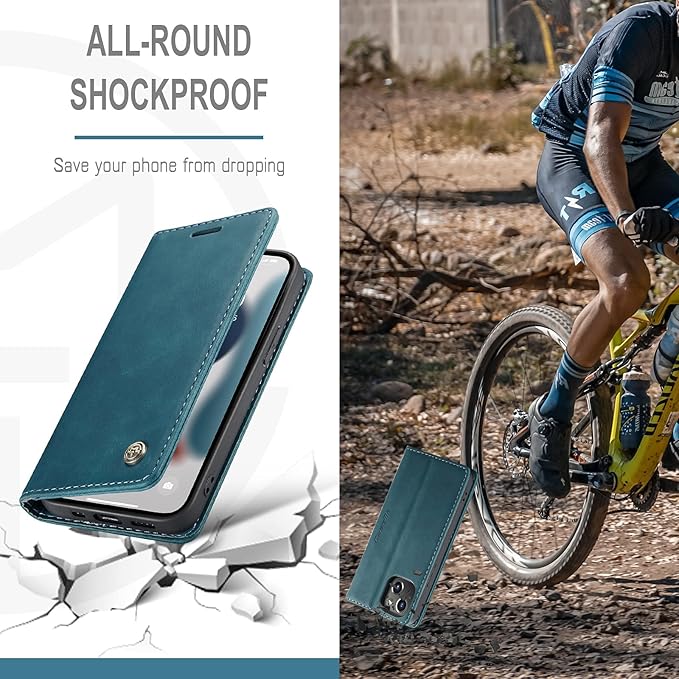 for iPhone 13 Mini Case 5.4", Flip Wallet Leather Case with Card Holder Magnetic Closure Shockproof Kickstand Protective Phone Cases Cover for iPhone 13 Mini,Blue-Green