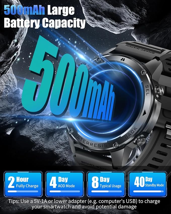 Military Smart Watch for Men with GPS, 1.43" AMOLED Smart Watch with Bluetooth Call, 5ATM Waterproof, 170+ Sports Modes, 500mAh Heart Rate/Sleep/SpO2 Monitor, Fitness Tracker for Android iOS