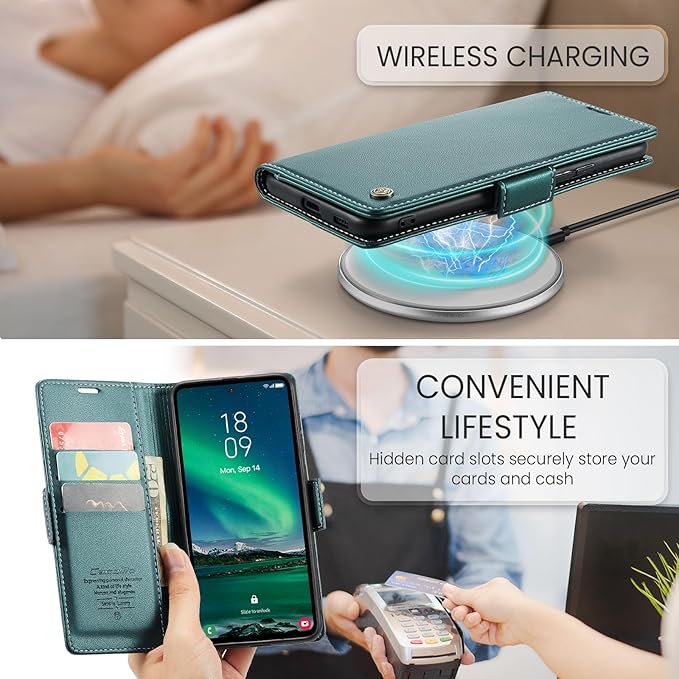 for Samsung Galaxy S24 FE Case, Premium PU Leather Wallet Case Flip Cover with [RFID Blocking][Card Holder][Stand Function] Shockproof Protective for Samsung Galaxy S24 FE, Blue-Green