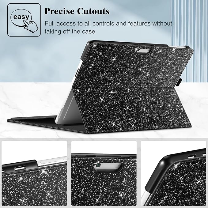 Fintie Case for 13 Inch Microsoft Surface Pro 11/10/9 - Multiple Angle Viewing Portfolio Business Cover with Pocket & Stylus Holder, Compatible with Type Cover Keyboard (Glitter Black)