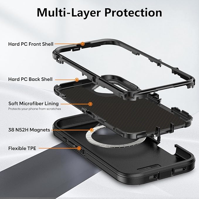 for iPhone 16 Plus Case with Belt Clip Holster, Anti-Shock, Anti-Slip, Compatible with MagSafe, 3-Layer Drop Protection, Heavy Duty Magnetic Phone Case Cover for 16 Plus, 6.7" Black