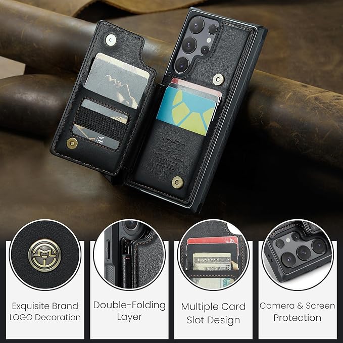 Vinich for Samsung Galaxy S24 Ultra Wallet Case with Card Holder, RFID Blocking Credit Slots Kickstand Shockproof Phone Cover for Women Men, Black