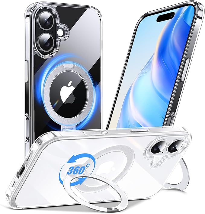 Anqrp 360° All-in-ONE Crystal Clear Case for iPhone 16 with Rotatable Magnetic Stand, Compatible with MagSafe, Anti-Yellowing Transparent MIL-Grade Shockproof Phone Case Cover for iPhone 16