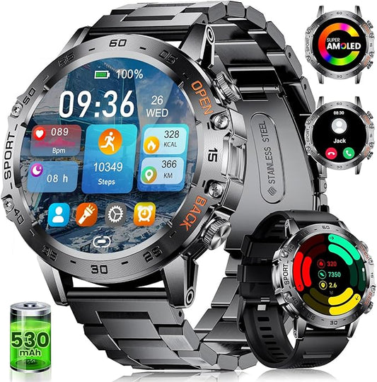 Military Smart Watch for Men(Answer/Dial Calls),1.45'' AMOLED/100 Sports Modes, 5ATM Waterproof Fitness Watch with Heart Rate/SpO2/Sleep Tracker for Android and iOS,530MAH Smartwatch Black Steel