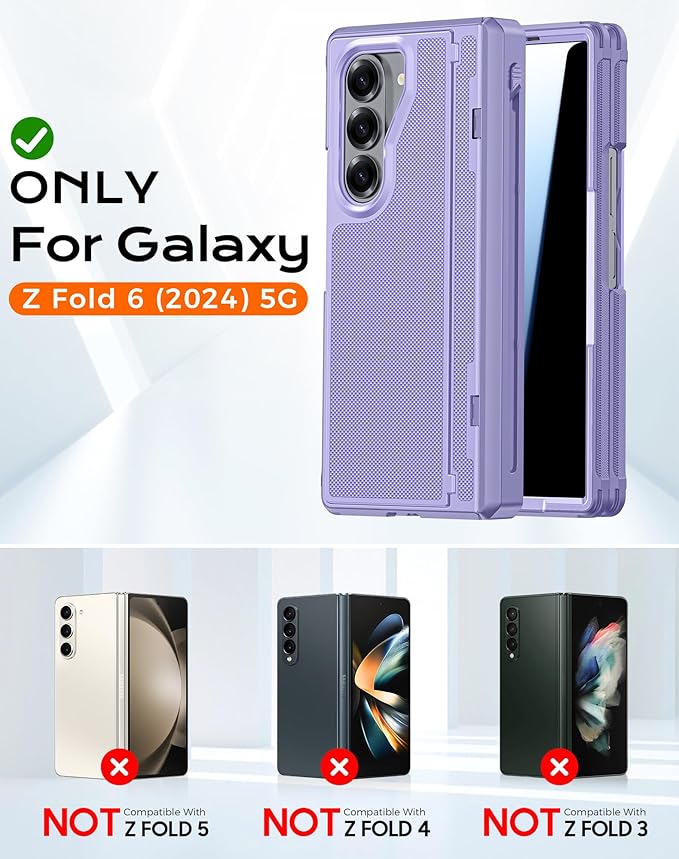 for Galaxy Z Fold 6 Case, S Pen Holder & Privacy Screen Protector & Kickstand & Hinge Protection, Slim Rugged Military-Grade Shockproof Protective Phone Case for Samsung Fold 6 Case (Purple)