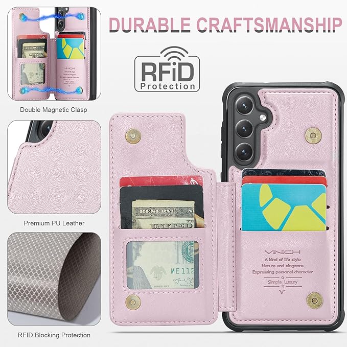 Vinich for Samsung Galaxy S24 Plus Wallet Case with Card Holder, RFID Blocking Credit Slots Kickstand Shockproof Phone Cover for Women Men, Pink