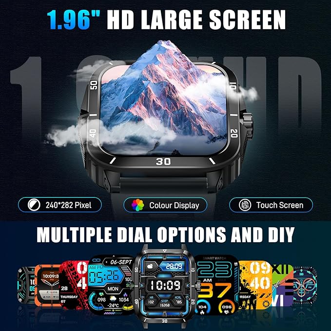 Military Smart Watches for Men (Make/Answer Call) 1.96" Screen Outdoor Activity Tracker with 100+ Sport Modes Health Monitor 3ATM Waterproof Smartwatch