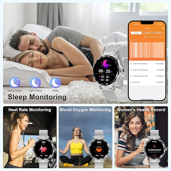 Smart Watches for Women Answer/Make Call, 1.19" AMOLED Smartwatch with Bluetooth for Android iOS Phones, IP68 Waterproof Fitness Tracker with Heat Rate Blood Pressure, 120+ Sports, Silver