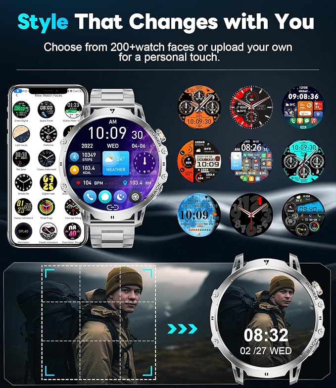 Smartwatch for Men with Bluetooth Calling,1.85” HD Display Fitness Tracker with 100+ Sports Modes, IP68 Waterproof Rugged Military Heart Rate Monitor Built-in LED Flashlight Smartwatch for Android iOS