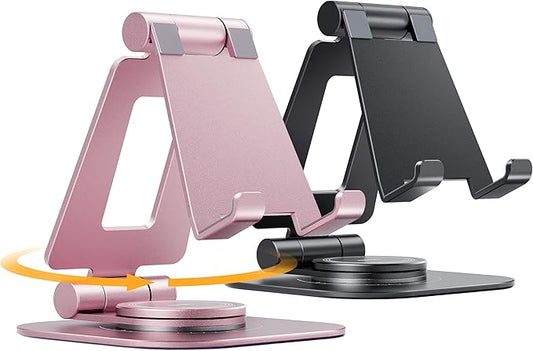Nulaxy 2-Pack 360 Rotating Phone Stand, Fully Adjustable Foldable Phone Holder, Aluminum Desktop Cradle with Swivel Anti-Slip Base, Office Accessories for All Phones, Black & Rose Gold