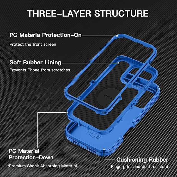 for iPhone 16 Pro Case [Compatible with MagSafe] Shockproof 3-Layer Full Body Protection [Without Screen Protector] Rugged Heavy Duty Cover Case for Apple iPhone 16 Pro 6.3",Sea Blue