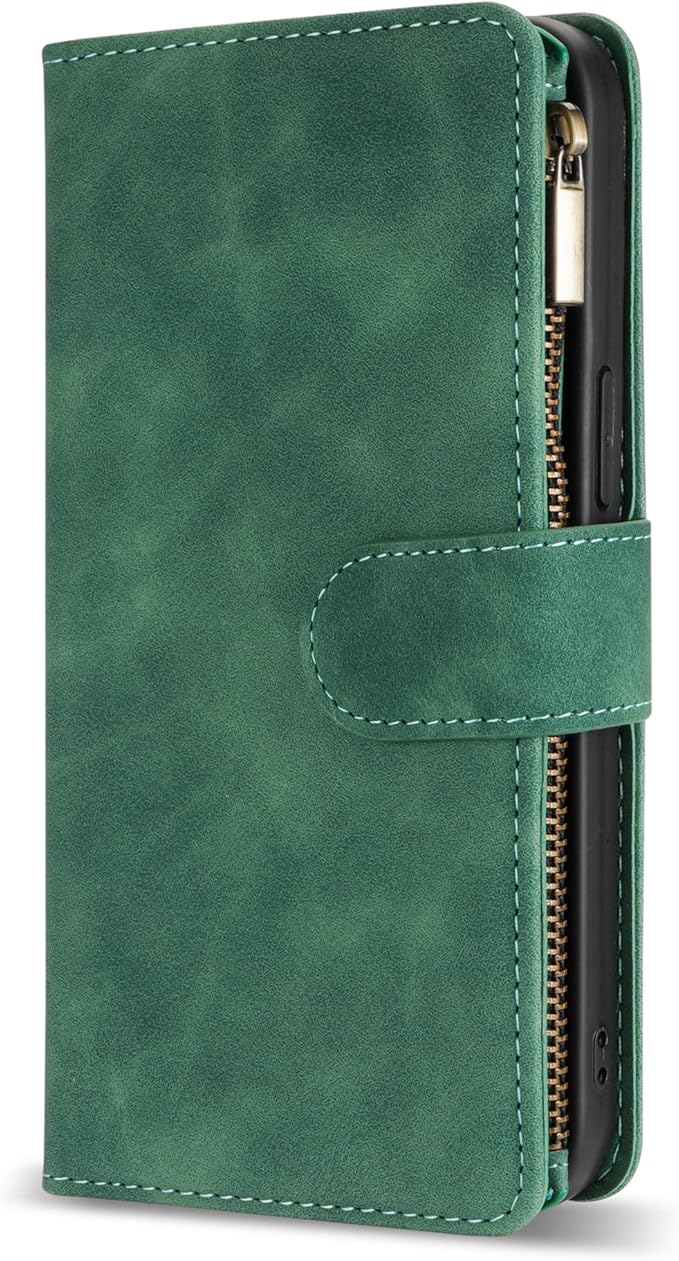ZZXX for iPhone 12 Mini Wallet Case with Card Slot Premium Soft PU Leather Zipper Flip Folio Wallet with Wrist Strap Kickstand Protective for iPhone 12 Mini Case Wallet(Green 5.4 inch)
