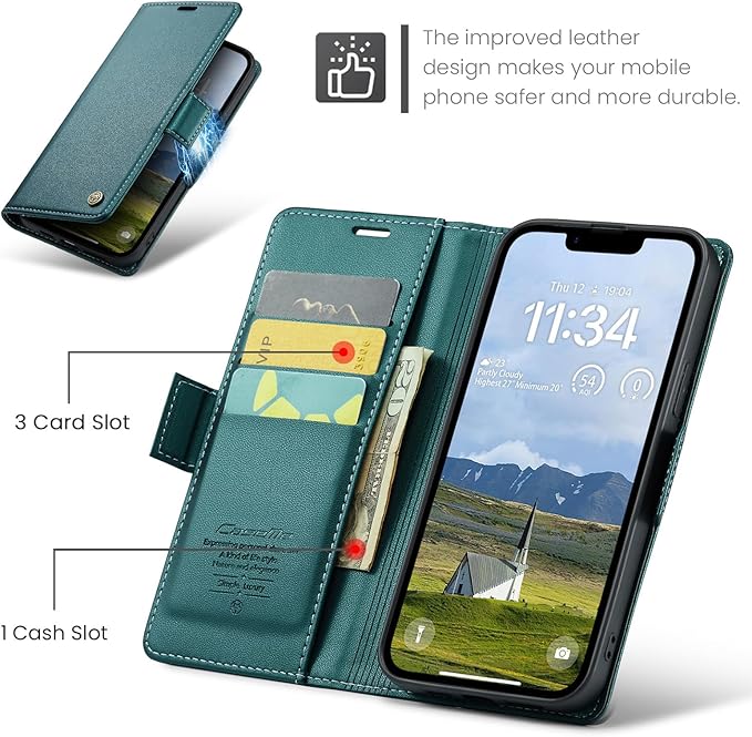 for Apple iPhone 16e Case, Premium PU Leather Wallet Case Flip Cover with [RFID Blocking][Card Holder][Stand Function] Shockproof Protective for iPhone 16E 6.1", Blue-Green