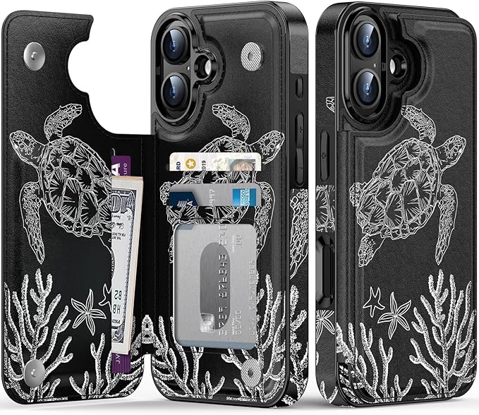 FUNMIKO for iPhone 16 Wallet Case with Card Holder, RFID-Blocking, Military-Grade Protection & UV-Printed Artwork, Magnetic Closure with Leather Kickstand - Swimming Sea Turtle