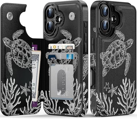 FUNMIKO for iPhone 16 Wallet Case with Card Holder, RFID-Blocking, Military-Grade Protection & UV-Printed Artwork, Magnetic Closure with Leather Kickstand - Swimming Sea Turtle