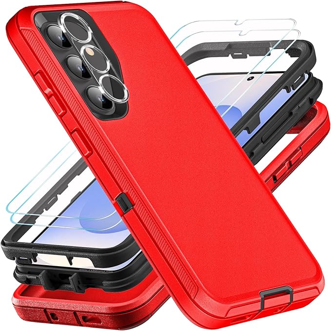 for Samsung Galaxy S25 Case, ONLY, [NOT FIT Galaxy S25 Edge/S25 Plus/S25 Ultra], Military Grade Case with 2Pcs Tempered Glass Screen Protector & 1Pcs Camera Lens Protector (Red/Black)