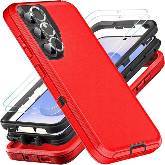 for Samsung Galaxy S25 Case, ONLY, [NOT FIT Galaxy S25 Edge/S25 Plus/S25 Ultra], Military Grade Case with 2Pcs Tempered Glass Screen Protector & 1Pcs Camera Lens Protector (Red/Black)