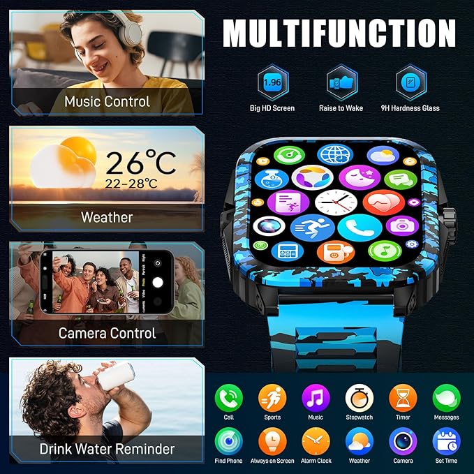 Military Smart Watches for Men (Make/Answer Call) 1.96" Screen Outdoor Activity Tracker with 100+ Sport Modes Health Monitor 3ATM Waterproof Smartwatch