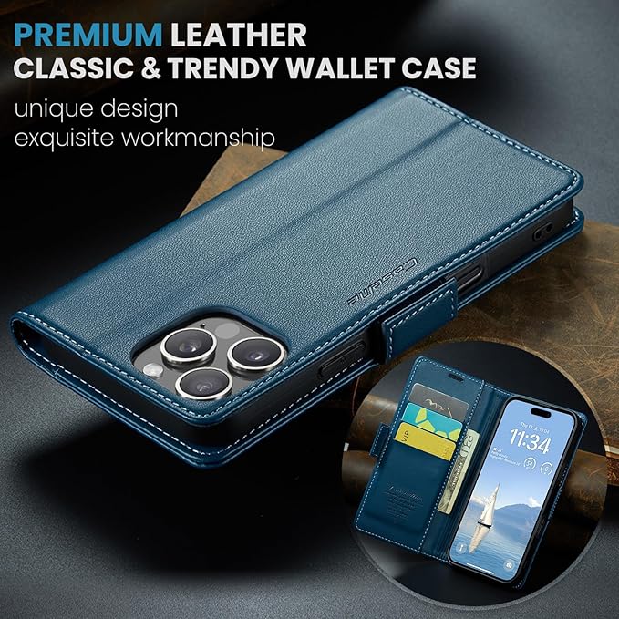 for iPhone 16 Pro Max Case, Premium PU Leather Wallet Case Flip Cover with [RFID Blocking][Card Holder][Stand Function] Shockproof Protective for iPhone 16 Pro Max 6.9", Blue