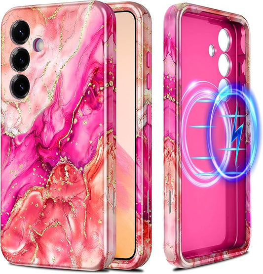 Casetego for Galaxy S25 Case,Compatible with MagSafe,[Military Grade Drop Test] Full Body Protection Slim Shockproof Rugged Marble Women Case for Samsung Galaxy S25 6.2 inch,Ruby Red