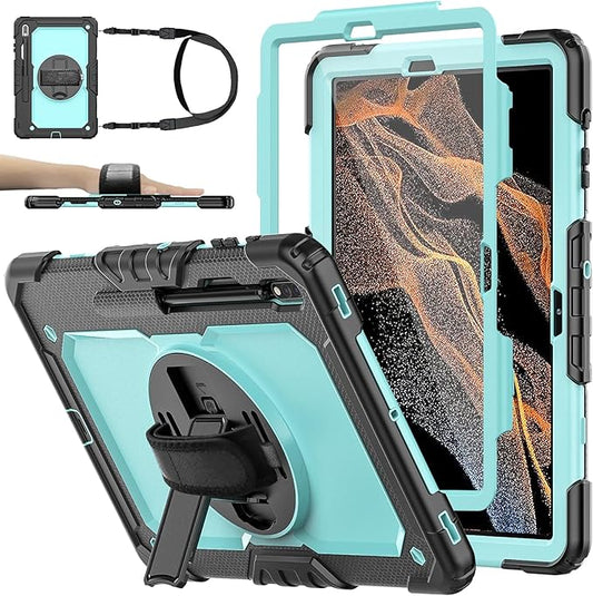 Case for Samsung Galaxy Tab S8 Plus 2022/S7 FE/S7 Plus 5G 12.4-inch Tablet Case Protective [with Screen Protector], Rotatable Kickstand, S Pen Holder, Hand/Shoulder Strap (SkyBlue)