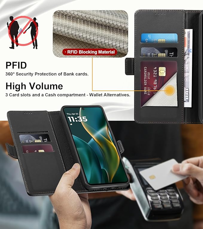 Wallet Flip Case for Moto G 5G (2025) - [RFID Blocking] Luxury PU Leather Card Holder Magnetic Phone Cover with Kickstand,Shockproof Protective Case,Black