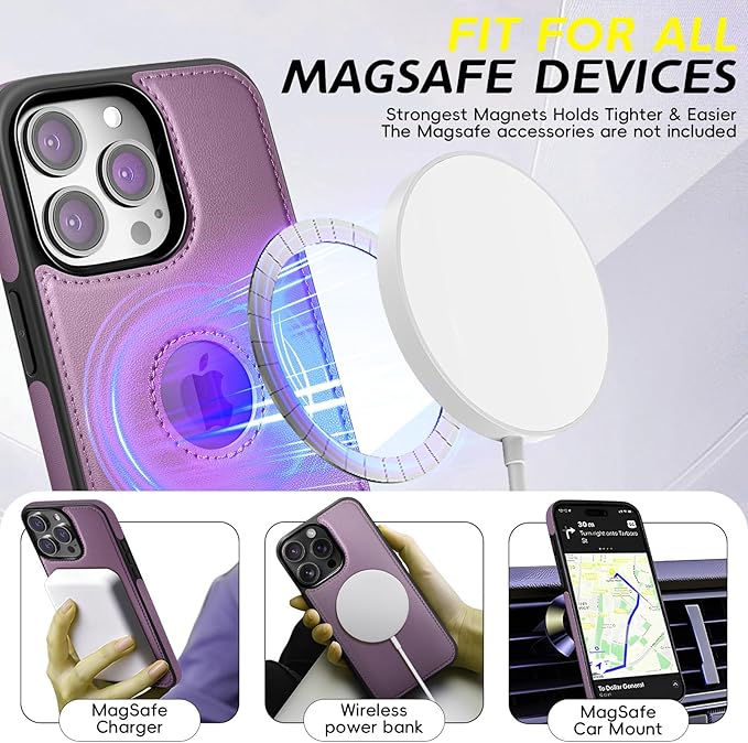 for iPhone 16 Pro Max Leather Wallet Case, Compatible with Magsafe, 2 in 1 Detachable Magnetic Card Holder, RFID Blocking Kickstand Credit Slots Flip Case for Men Women, Purple