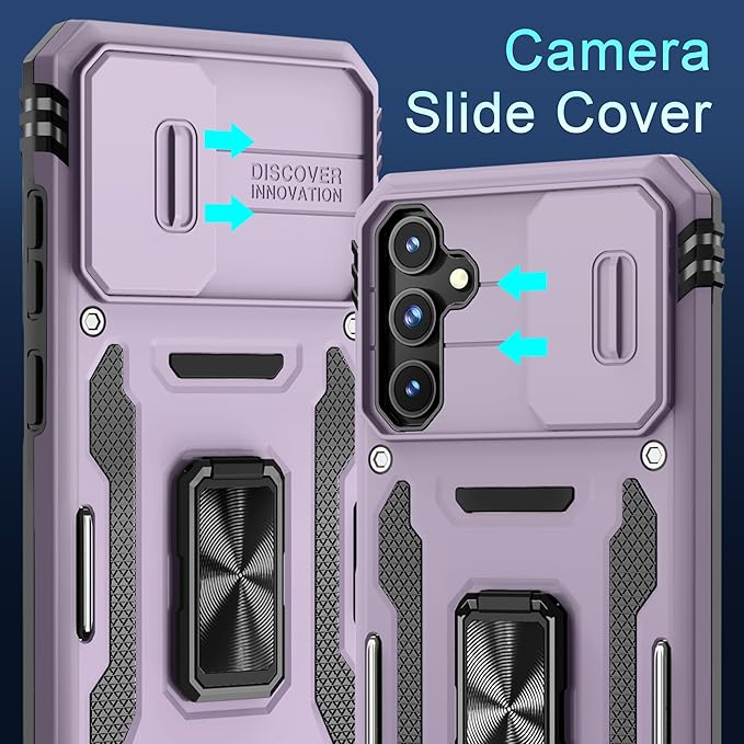DEERLAMN Case for Samsung Galaxy S23 FE 6.4-Inch with Slide Camera Cover+Screen Protector(1 Pack),Rotated Ring Kickstand Military Grade Shockproof Protective Cover-Deep Purple
