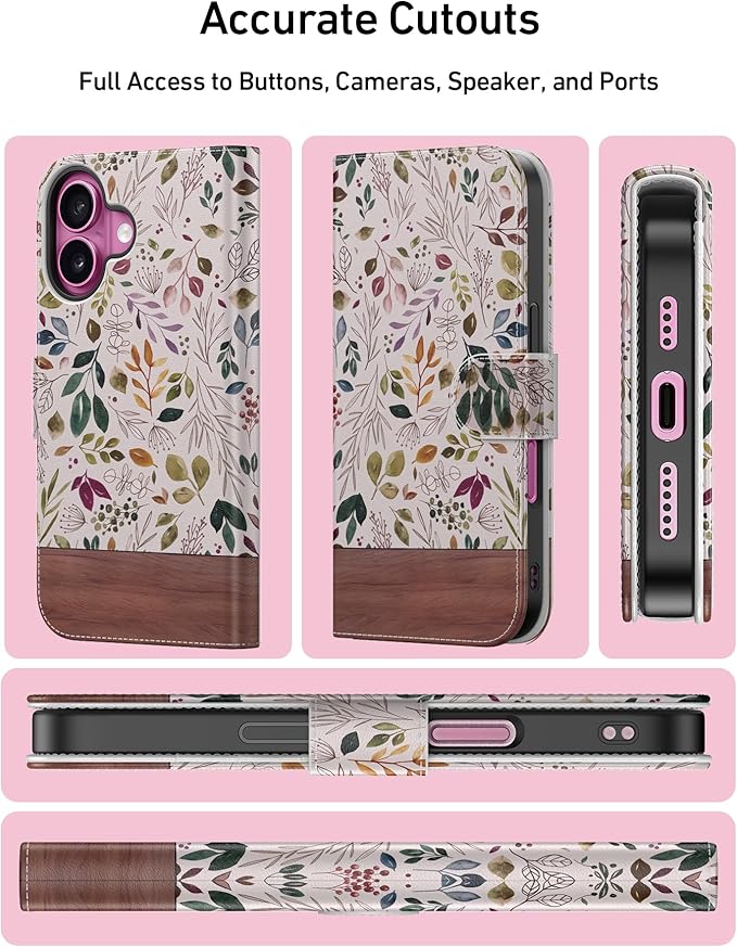 DEENAKIN for iPhone 16 Wallet Case with Card Holder + Cash Clip, RFID-Blocking, Military-Grade Drop Protection, Magnetic Closure with Leather Kickstand - Vibrant Foliage