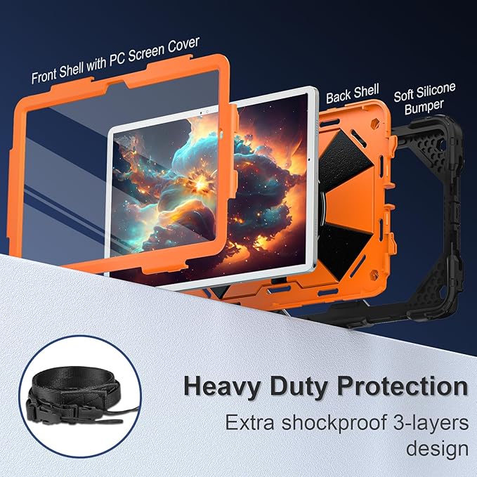 for Galaxy Tab A9 Plus Case 11 Inch, Rugged Case for Samsung Galaxy A9+ Tablet with Screen Protector 360 Rotating Stand Shoulder Strap Pen Holder, 2023 Model(SM-X210/X216/218), Black Orange